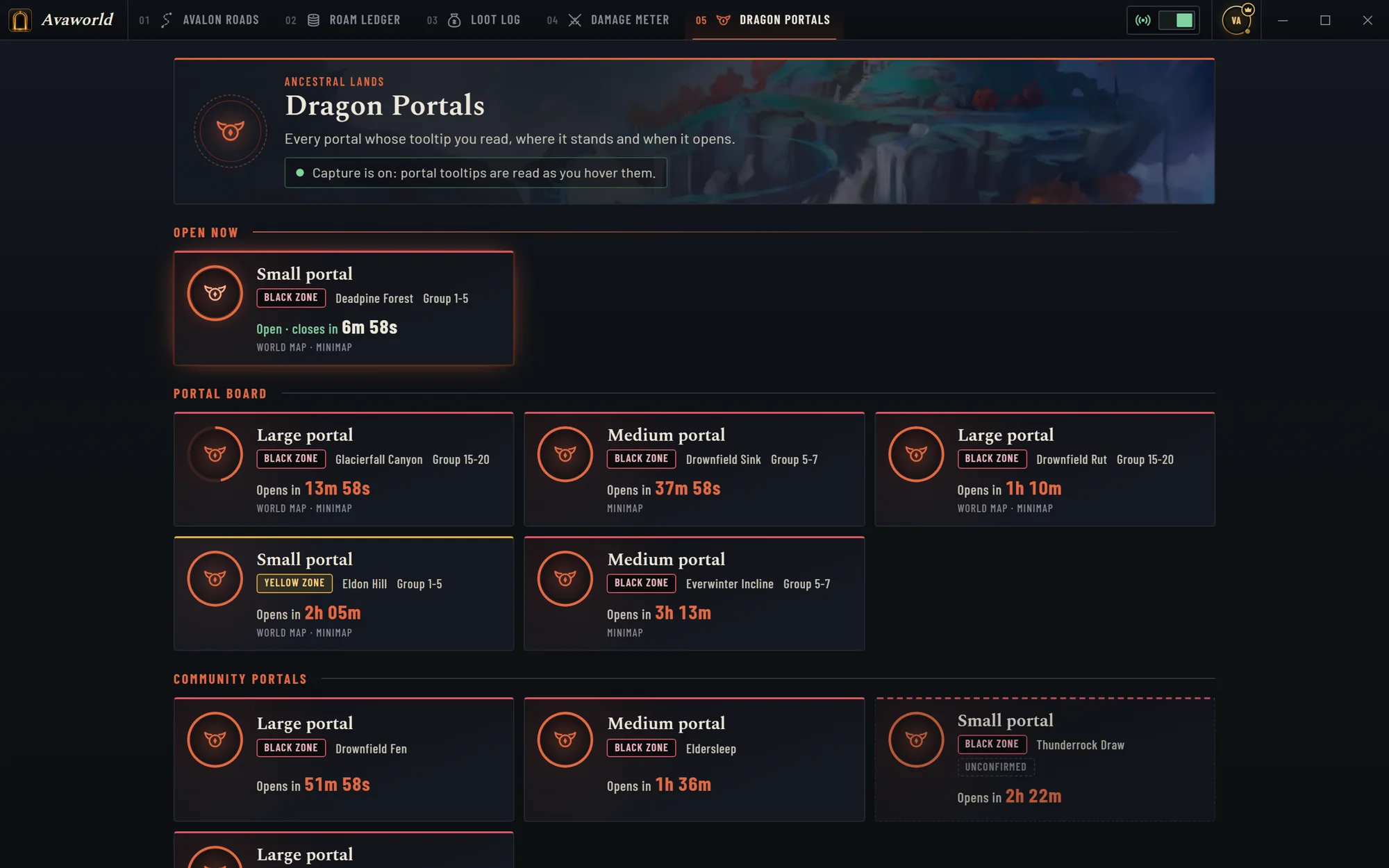 Dragon portals view: an open portal, the portal board with timers and community portals.