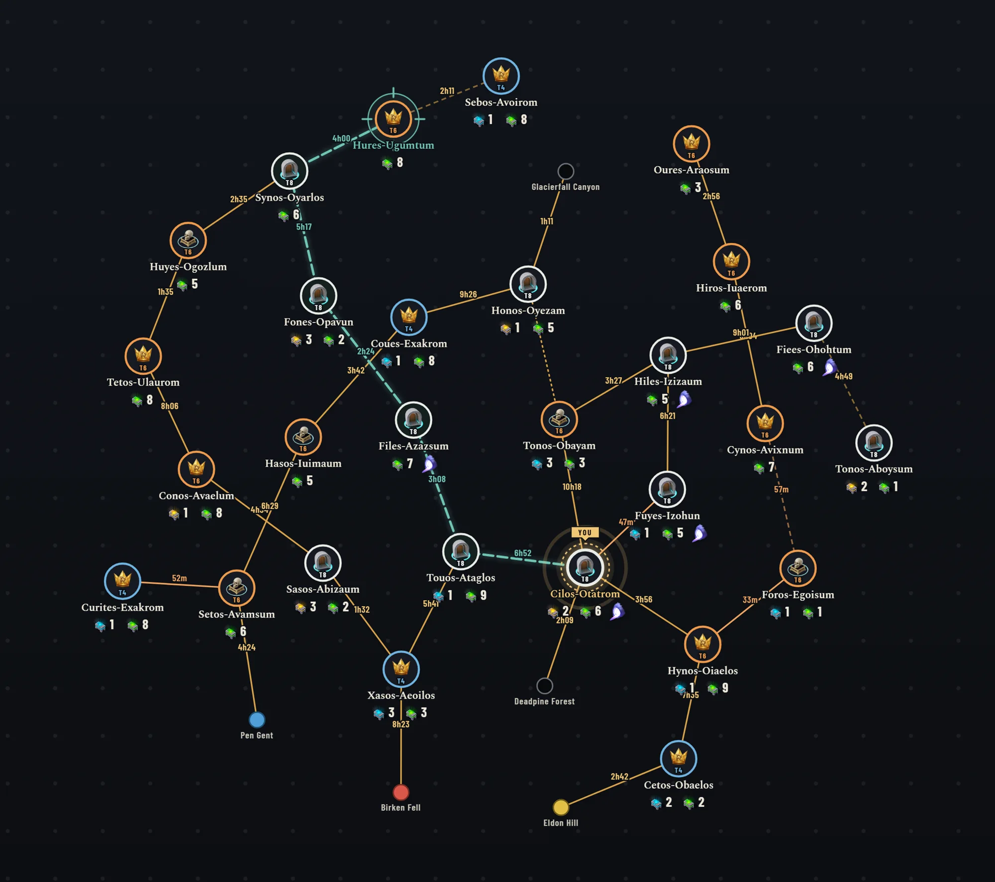 The community roads graph: dozens of roads with closing timers and chest counts, a route highlighted five portals from the current road.