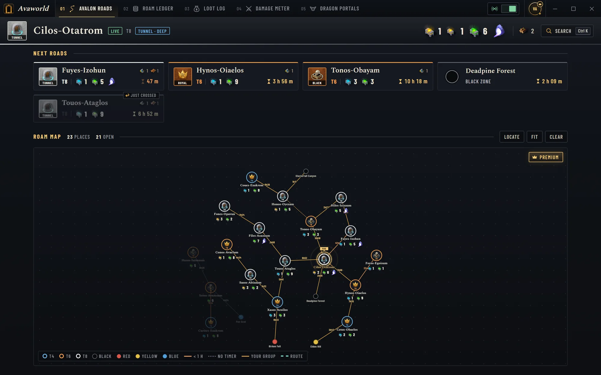 The avaworld roads view: the current road Cilos-Otatrom marked live, cards for the next roads with chests and countdowns, and the roam map below.